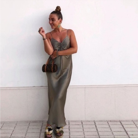 ZARA Sleeveless Ruched Maxi Dress Green Grey S - Picture 7 of 16